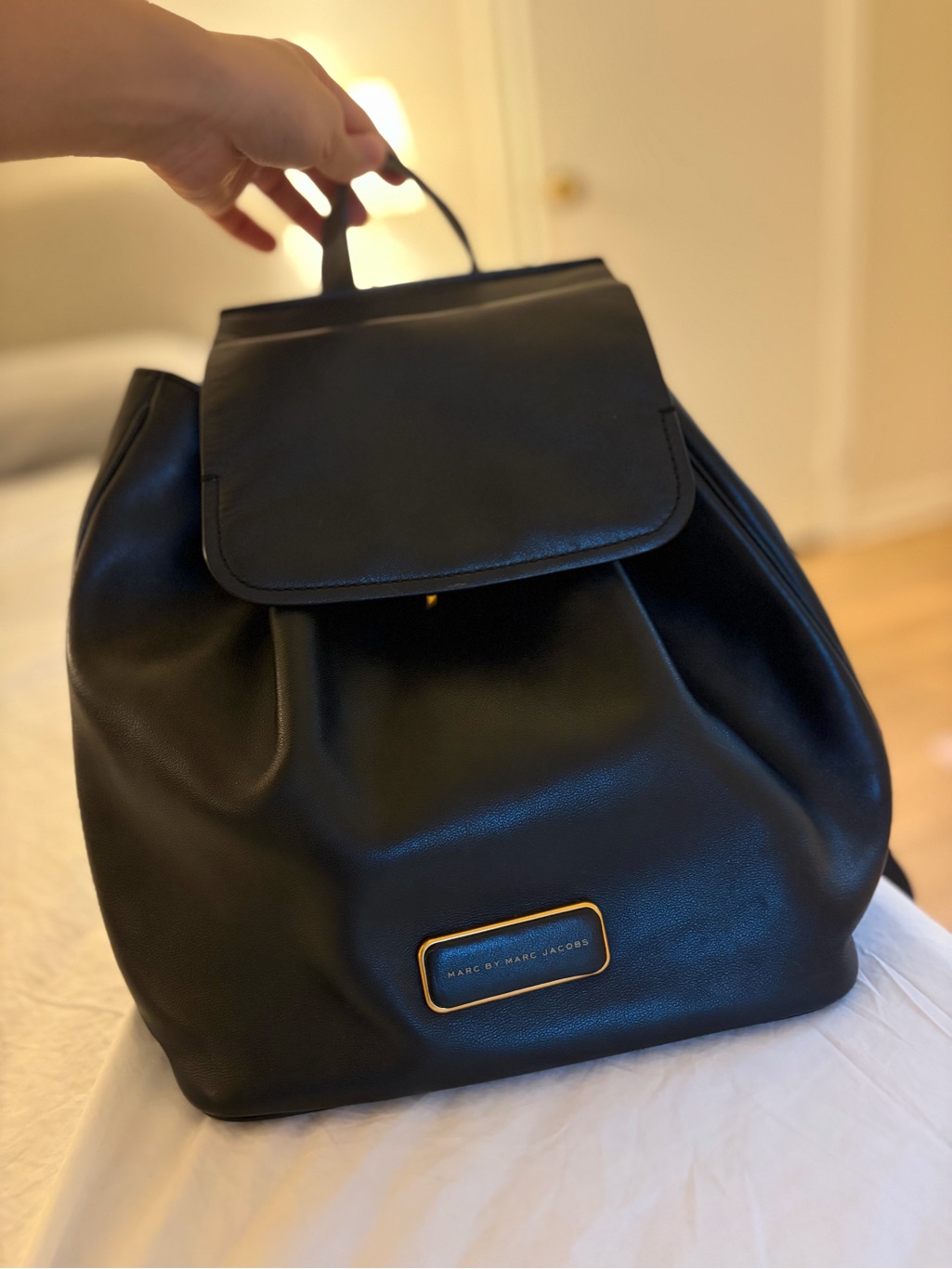 Marc By Marc Jacobs Black Leather Backpack With Gold Accents